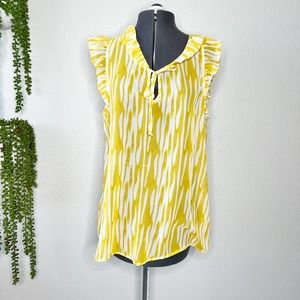 Bobeau Yellow White Animal Print Ruffle Tie Neck Blouse Women's Size X-Large XL